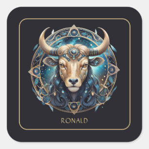 Adesivo Quadrado Símbolo Zodiacal Touro Preto Dourado Personalizado