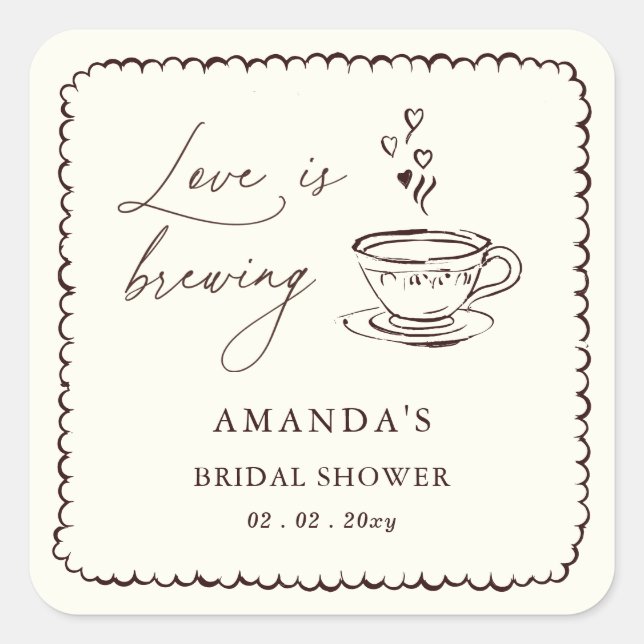 Adesivo Quadrado Simple Love is Brewing Coffee Bridal Shower  (Frente)