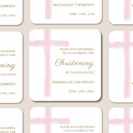 Adesivo Quadrado Simple Pink Cross Christening Baptism Thank You