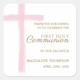 Adesivo Quadrado Simple Pink Cross First Holy Communion Thank You