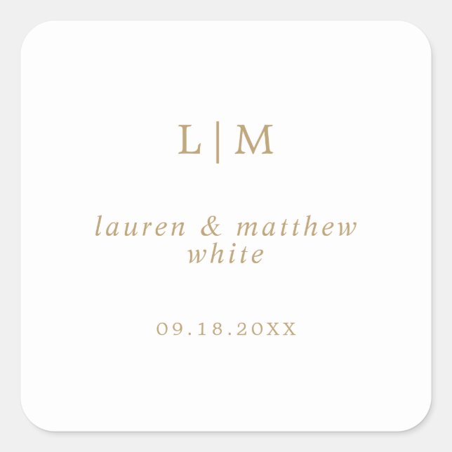 Adesivo Quadrado Simples Casamento Dourado Monograma Elegante (Frente)