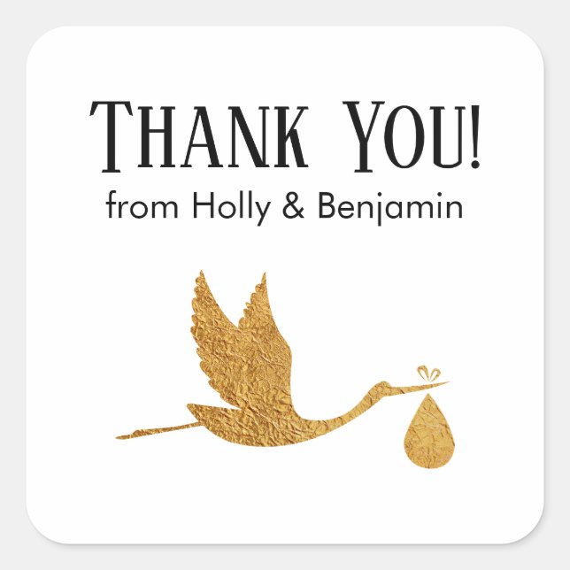 Adesivo Quadrado Simples Faux Dourada Stork Obrigado! Chá de fralda (Frente)