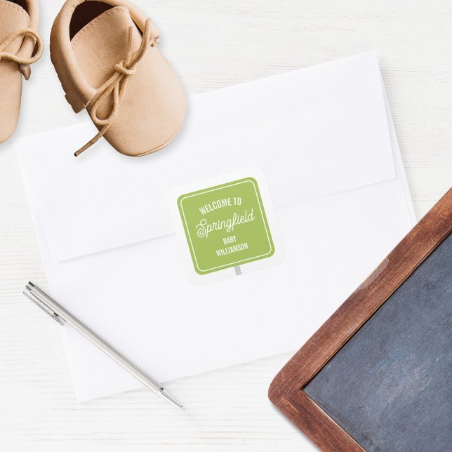 Adesivo Quadrado Sinal de boas-vindas da cidade Chá de fraldas verd (Criador carregado)