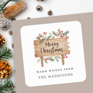 Adesivo Quadrado Sinal de Madeira Rústica Natal em Aquarela com Bag