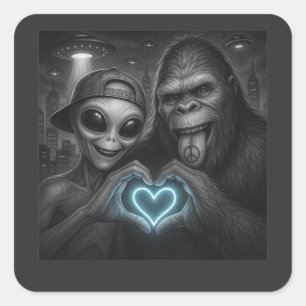 Adesivo Quadrado Sinal de Mão de Amor de Bigfoot Sasquatch Alien