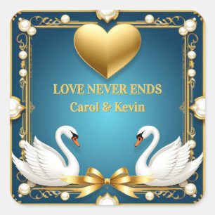 Adesivo Quadrado Sinal de Nome de Casamento Cisne Dourado Azul Pres