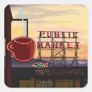 Adesivo Quadrado Sinal do mercado do lugar de SeattlePike e opiniã