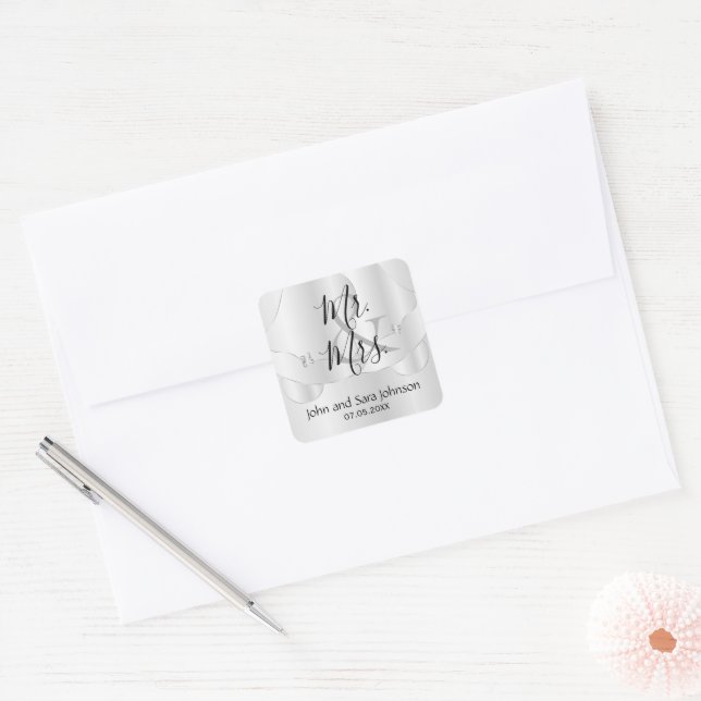Adesivo Quadrado Sinos de Casamento de Satin Branco | Personalizado (Envelope)