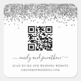 Adesivo Quadrado Site de Casamento de Código QR do Silver Glitter