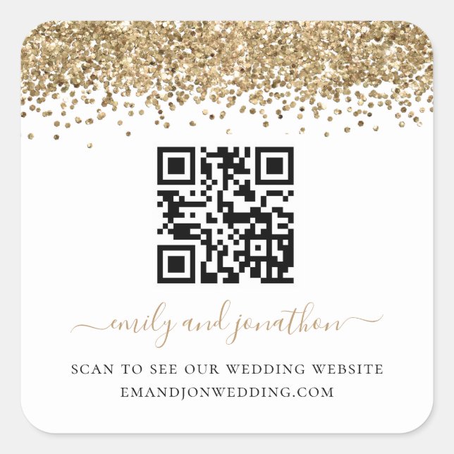 Adesivo Quadrado Site Dourado de Casamento de Código QR Glitter (Frente)