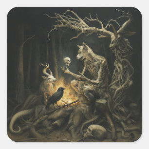 Adesivo Quadrado Skeleton Dog Moon oculta Dark Witchy AI Art