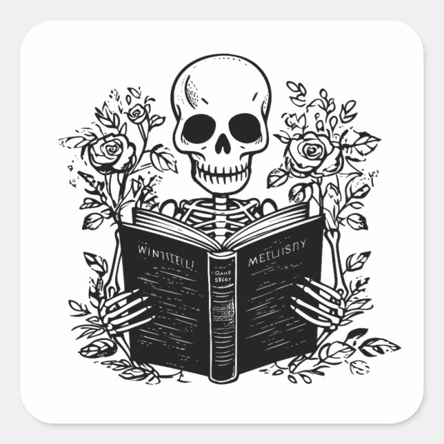 Adesivo Quadrado Skeleton lendo livro romântico (Frente)
