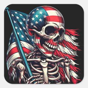Adesivo Quadrado Skeleton Man Tattered American Flag patriótico