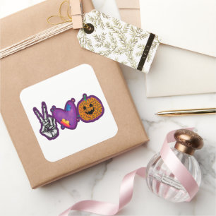 Adesivo Quadrado Skeleton Pumpkin Peace Love Halloween