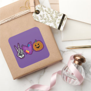 Adesivo Quadrado Skeleton Pumpkin Peace Love Halloween