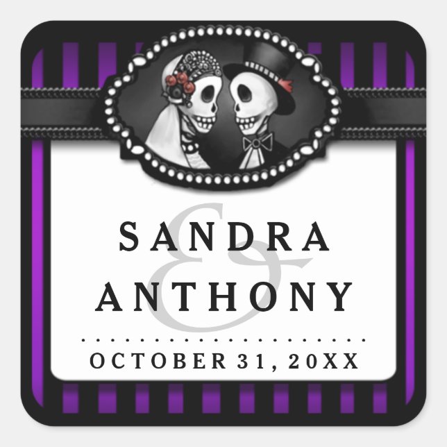 Adesivo Quadrado Skeletons de Casamento de Halloween Roxo Preto Str (Frente)