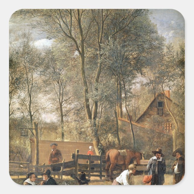 Adesivo Quadrado Skittle Players fora de uma Inn, c.1660-63 (Frente)