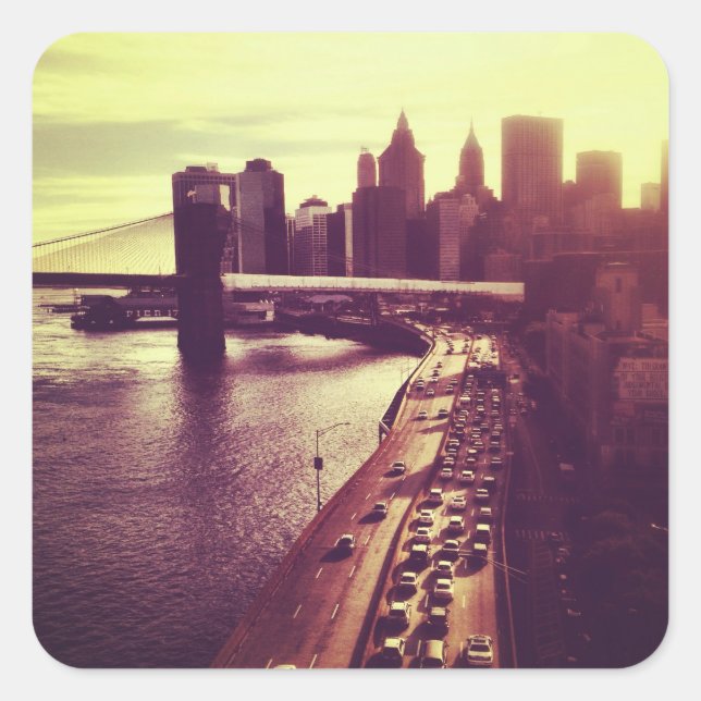 Adesivo Quadrado Skyline Sunset - Ponte Brooklyn e Cityscape NYC (Frente)