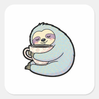Adesivo Quadrado Sleepy Sloth with Coffee – Cute Cozy Illustration