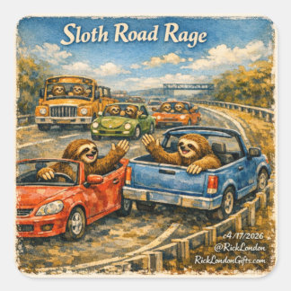 Adesivo Quadrado Sloth Road Rage – Rockwell‑Inspired Watercolor Car