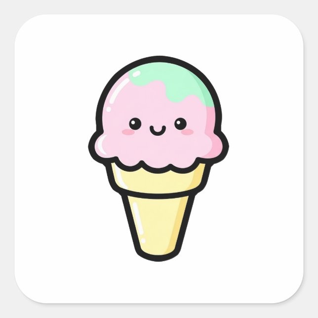 Adesivo Quadrado Smiling Ice Cream – Cute Kawaii Illustration (Frente)