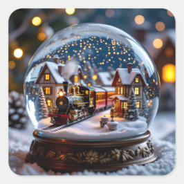 Adesivo Quadrado Snow globe with Vintage Train and Village
