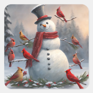 Adesivo Quadrado Snowman com Cardinais Vermelhos Snowy