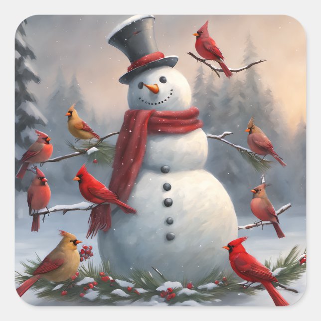 Adesivo Quadrado Snowman com Cardinais Vermelhos Snowy (Frente)