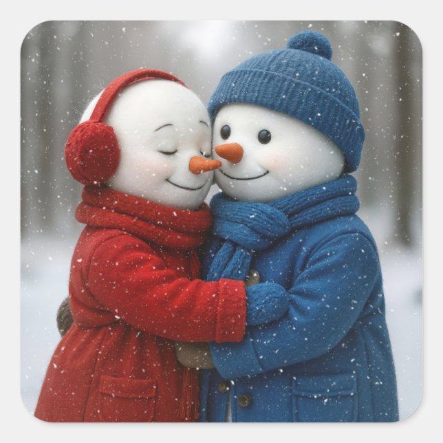 Adesivo Quadrado Snowman Couple Hugging in Winter Forest (Frente)