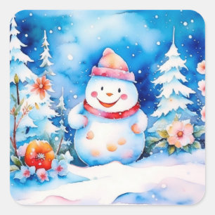 Adesivo Quadrado Snowman de Natal e Flores de inverno
