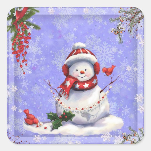 Adesivo Quadrado Snowman de Natal em Azul com Flocos de Neve (Frente)