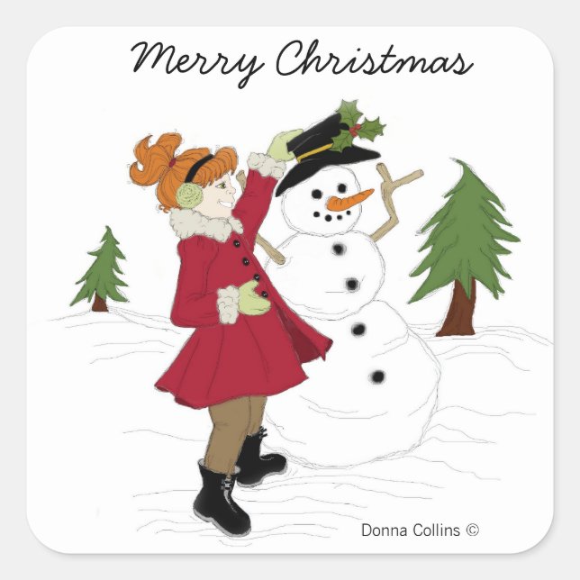 Adesivo Quadrado Snowman e Little Girl Sticker (Frente)