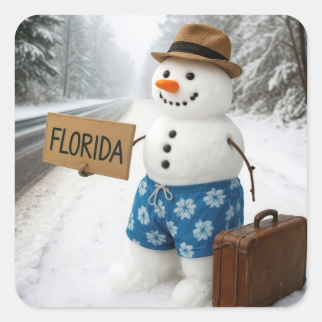 Adesivo Quadrado Snowman Hitchhiking to Florida (Frente)