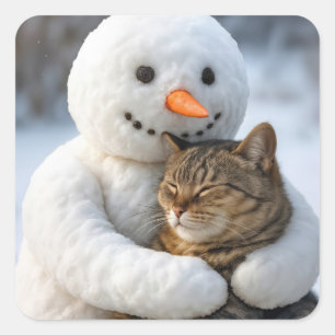 Adesivo Quadrado Snowman Hugging a Tabby Cat