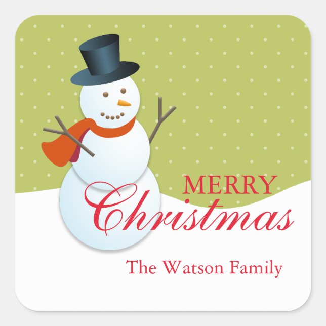 Adesivo Quadrado Snowman no polo norte, feriado de Natal verde (Frente)