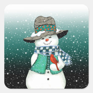 Adesivo Quadrado Snowman sorridente, Cardeal num palheiro de neve