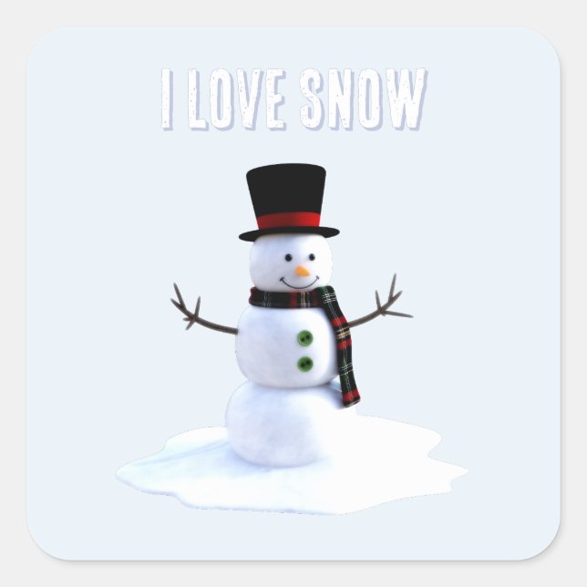 Adesivo Quadrado Snowman with hat and scarf. I Love Snow (Frente)