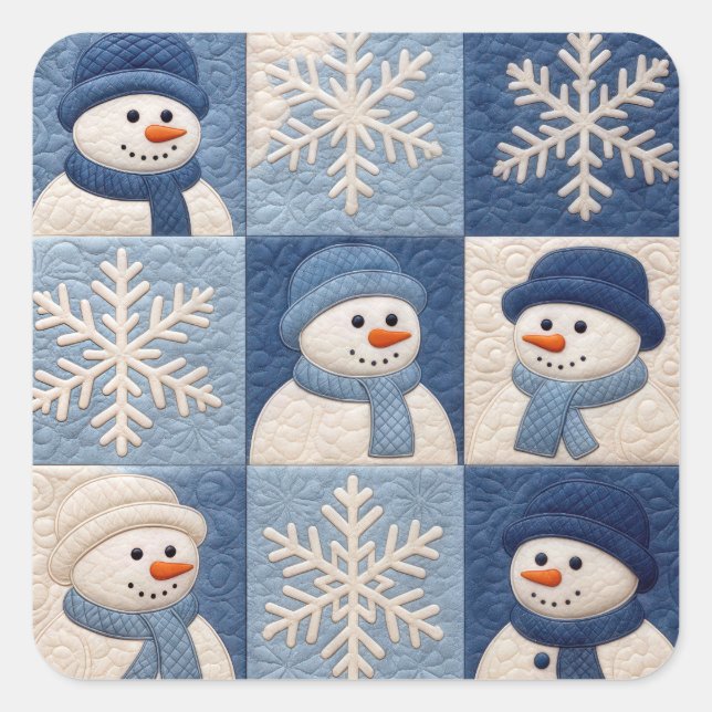 Adesivo Quadrado Snowmen and Snowflakes Quilt Pattern (Frente)