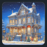 Adesivo Quadrado Snowy Christmas House<br><div class="desc">Casa de inverno sazonal iluminada em vinhetas de Natal de neve.</div>
