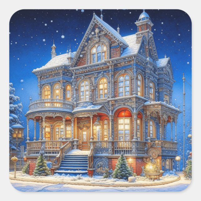 Adesivo Quadrado Snowy Christmas House (Frente)