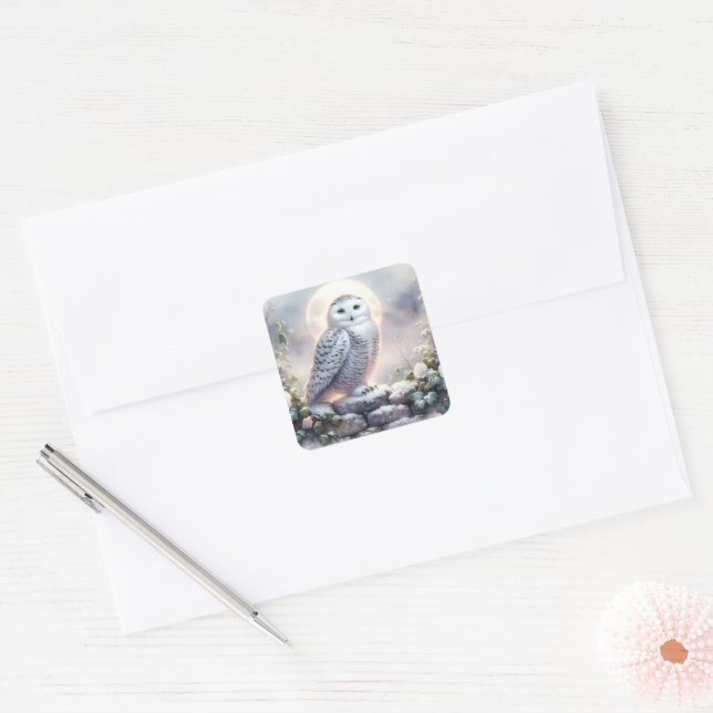 Adesivo Quadrado Snowy Owl in Moonlit Winter Garden (Envelope)