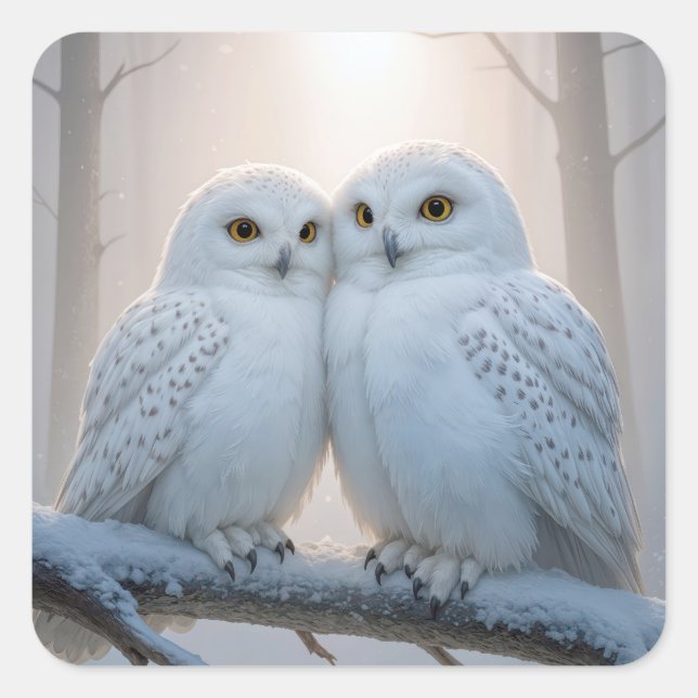 Adesivo Quadrado Snowy Owls On a Winter Branch (Frente)