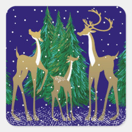 Adesivo Quadrado Snowy Winter Deer in Woded Forest | Azul |