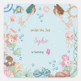 Adesivo Quadrado Sob o mar aniversário de criança de Sereias