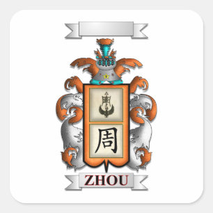 Adesivo Quadrado Sobrenome Zhou e Escudo