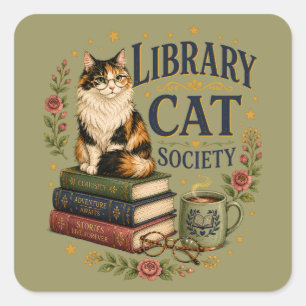 Adesivo Quadrado Sociedade do Gato da Biblioteca Calico Bibliófilo