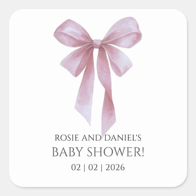 Adesivo Quadrado Soft Pink Bow Girl Baby Shower (Frente)