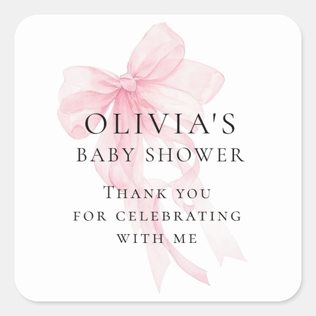 Adesivo Quadrado Soft Pink Bow Text Thank You Baby Shower (Frente)