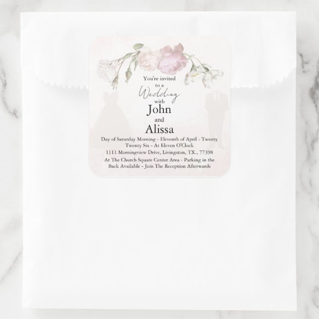 Adesivo Quadrado Soft Pink Roses & Bride and Groom Collection (Bolsa)