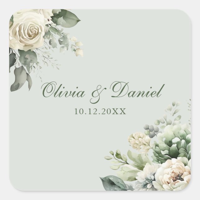 Adesivo Quadrado Soft Sage Green Floral Wedding Sticker (Frente)